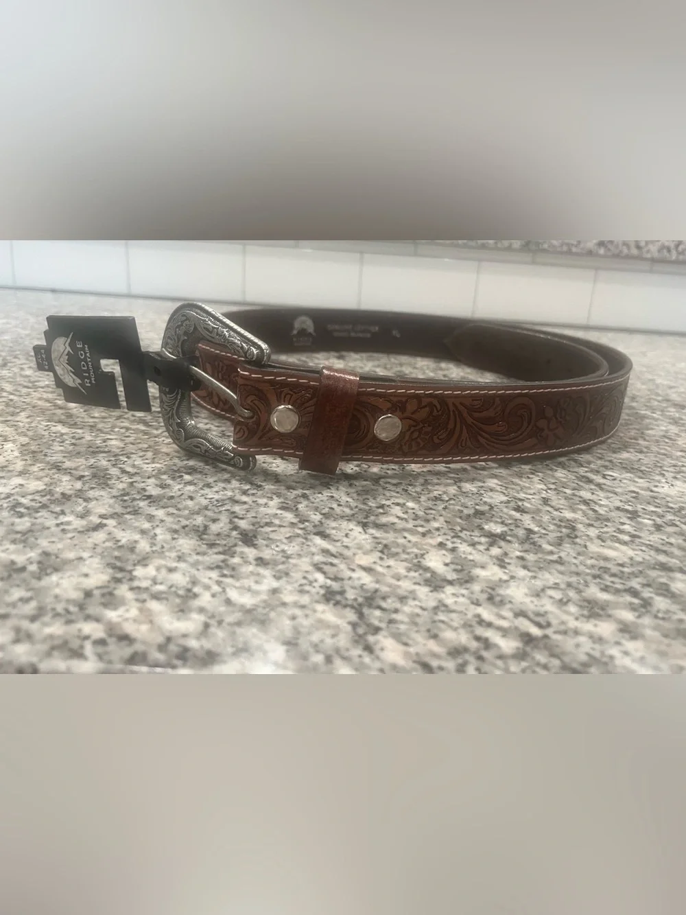 Men's Brown Tooled Leather Belt with Floral Scroll Pattern